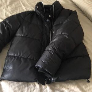 Black Ribbed Puffer Jacket with Matte Buttons